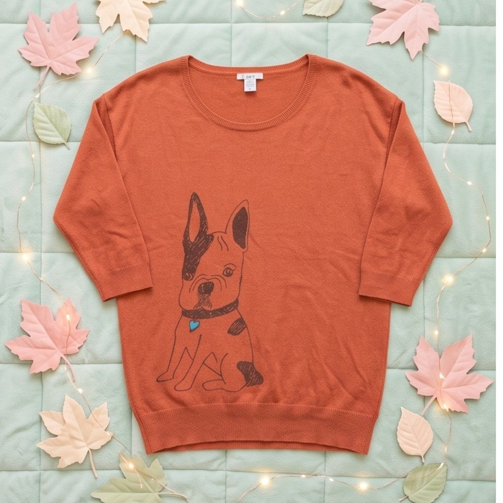 Bar III Womens M French Bulldog Graphic Sweater Orange Wool Blend Medium